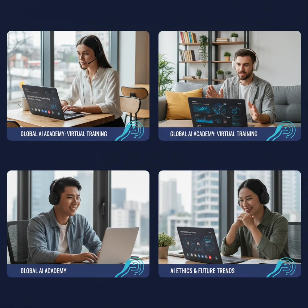 Employees engaging in virtual AI learning modules to enhance their technical expertise.