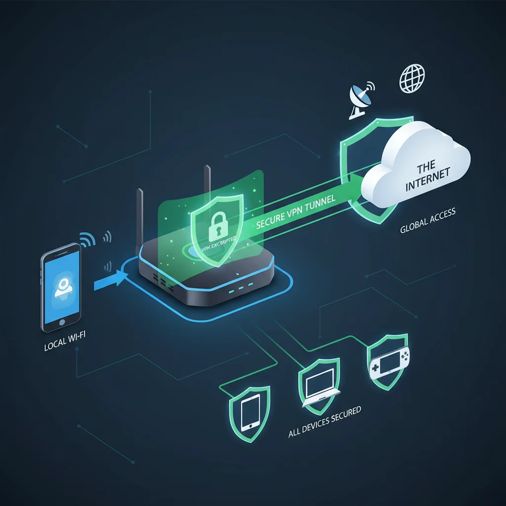 Infographic showing secure data flow through VPN travel router