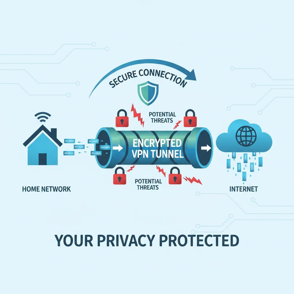 Diagram showing secure VPN tunnel protecting home network data