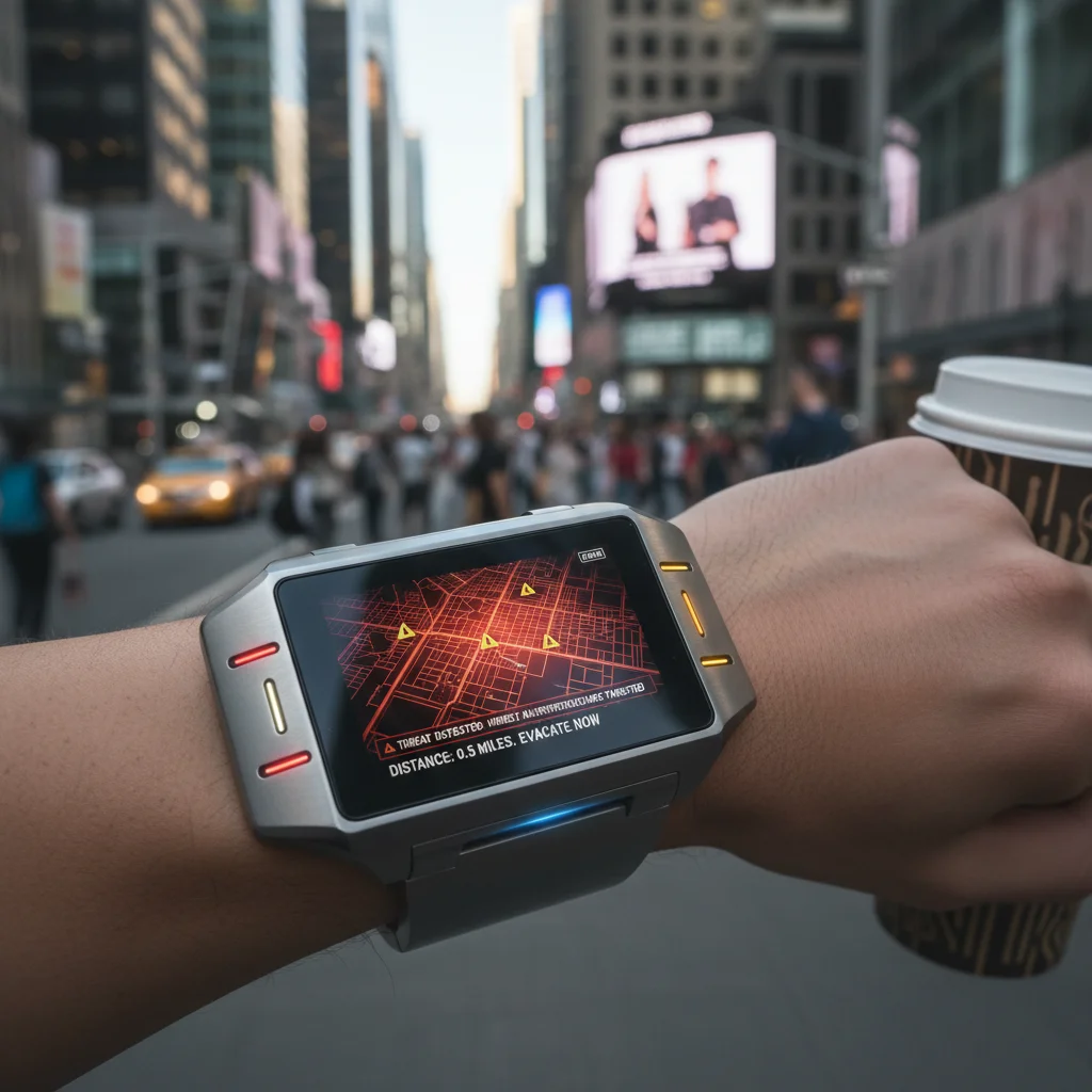 Smart wearable personal security device showing threat alert