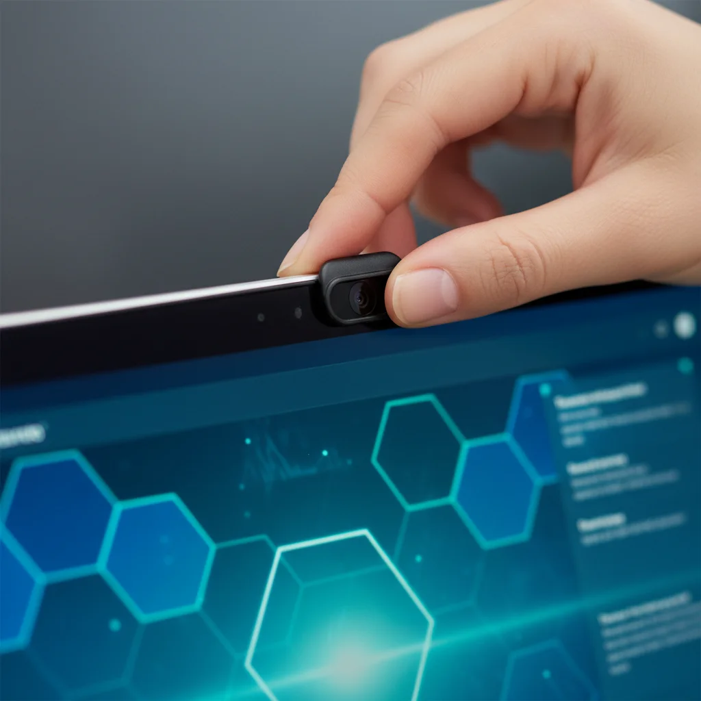 Hand applying a physical webcam cover to a laptop