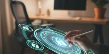 Digital shields protecting a tablet, representing zero-trust security for personal devices.